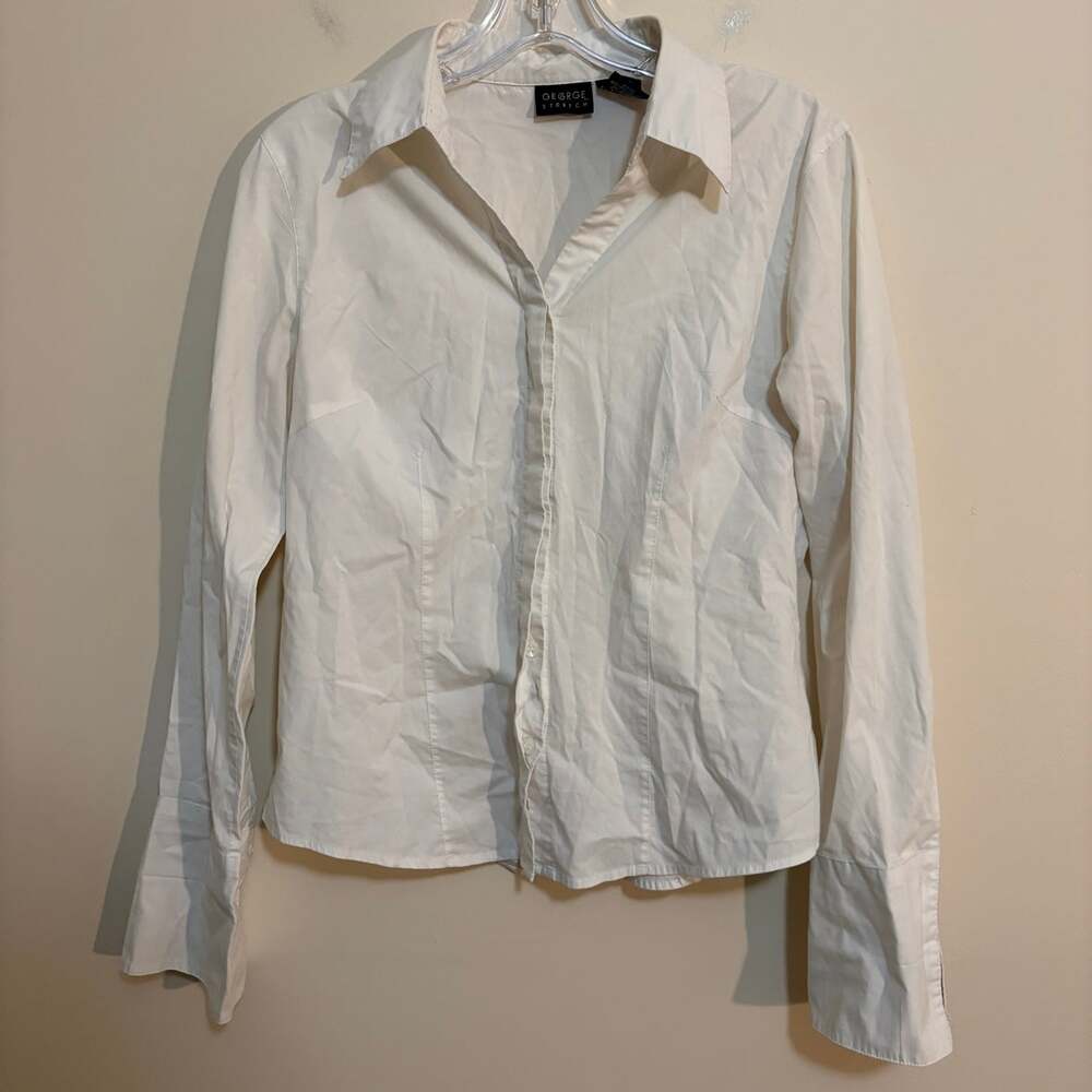 George Stretch White Button Up Shirt Womens Medium Fitted Long Sleeve